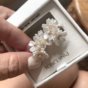 Pink Linen wedding white pearled earrings